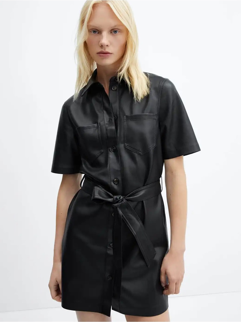 Mango Belted Faux Leather Button Down Dress in Black